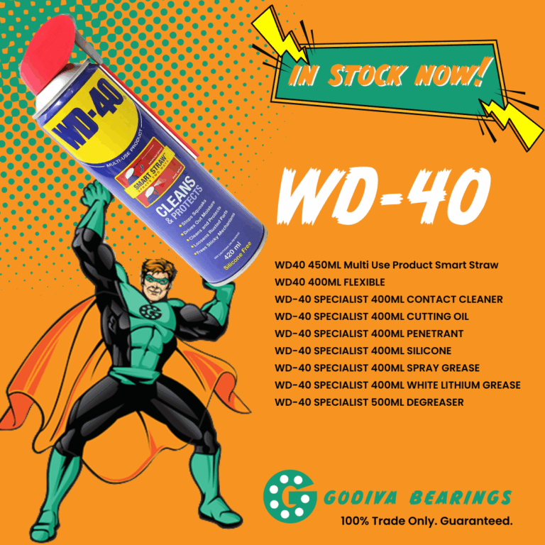 WD40 promotion - action hero graphic holding a super size can of WD40 wording indicates that it is now available at Godiva Bearings