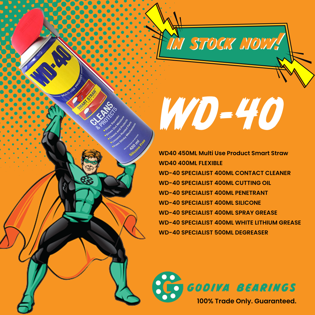 WD40 promotion - action hero graphic holding a super size can of WD40 wording indicates that it is now available at Godiva Bearings