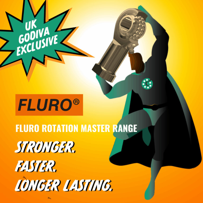 Cartoon character holding rod end bearing - wording says fluro rotation master range, stronger, faster longer lasting - UK Godiva exclusive