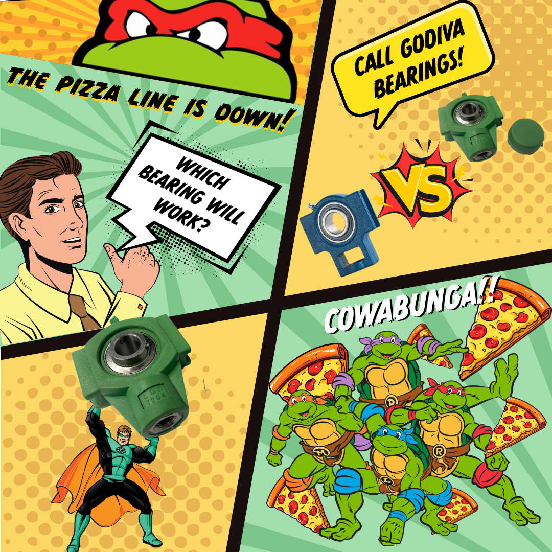 comic strip highlighting why food factory bearings are important featuring GodivaMan