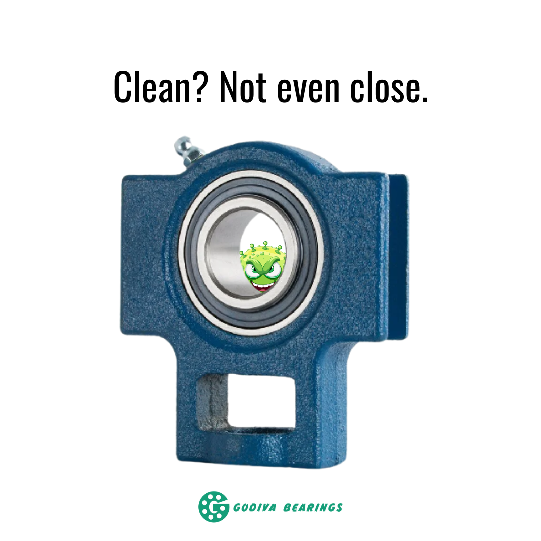 Food-grade bearings designed for hygienic environments in food factories with virus hiding behind it words say 'clean? not even close.