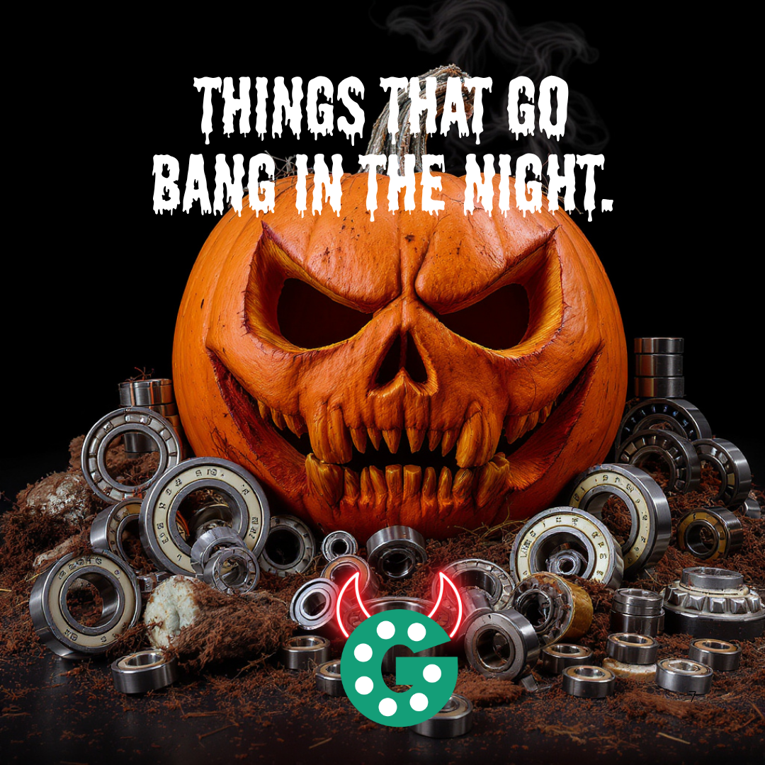 Text reads "Things that go bang in the night." Image shows a Halloween pumpkin with a spooky face, sat on top of bearings. Godiva's "G" logo is present at the bottom with an addition of Halloween devil horns.