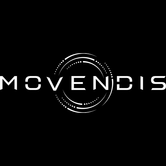 Movendis logo: white futuristic text on a black background with circular orbital rings around the center.